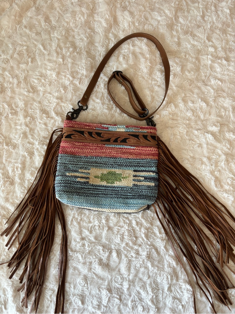 Myra Bag Southwestern Fringe Crossbody in Blue, Pink, Brown